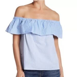 Lucky Brand Blue White Stripe Off shoulder Casual Blouse Nautical Classic Top L